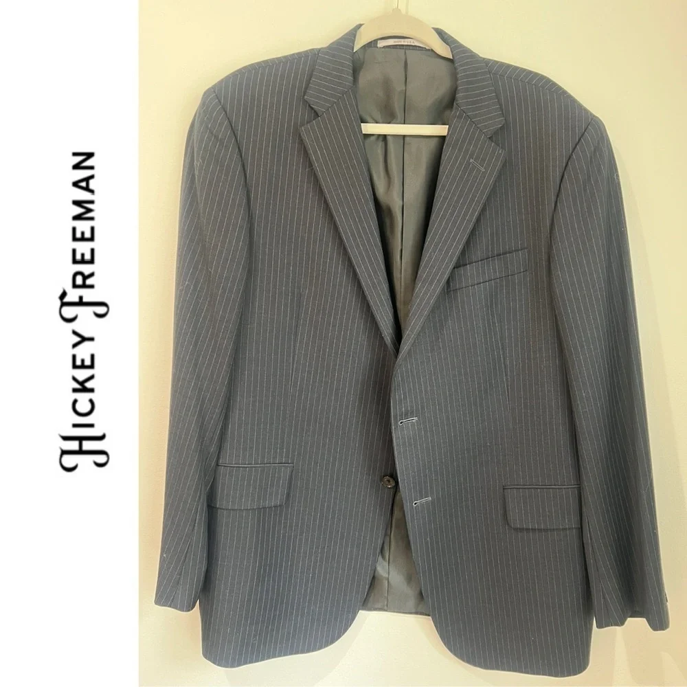 Hickey Freeman Wool Pin Stripe Suit Jacket Blazer 44R